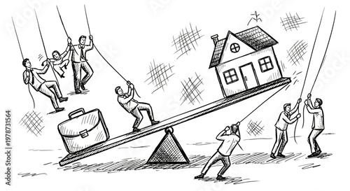 People balancing and pulling a house on a seesaw