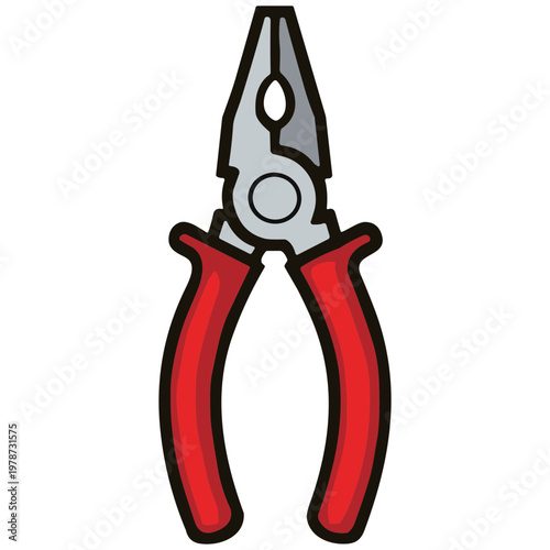 An illustration depicts red handled pliers with a metallic body.