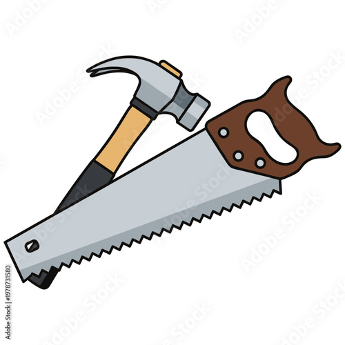 A hammer and saw lie on a surface for a construction project indoors.