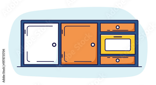 A colorful stylized illustration of a modern kitchen cabinet with drawers and appliances