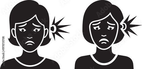 Two sad women with ear pain symbols in silhouette black and white human face suffering discomfort silhouette illustration frustration headache disorder sickness treatment distress