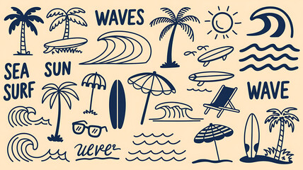 A collection of beach icons and words