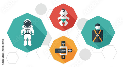 Colorful hexagonal icons depict an astronaut baby security guard and seatbelt buckle