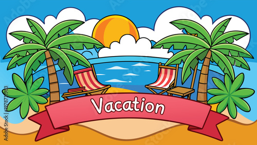 Summer Vacation Loungers On Sea Beach Landscape .eps