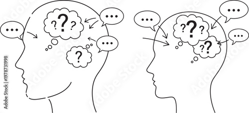 Two heads with question marks and speech bubbles question mark speech bubble black and white mental process thinking icon dialogue icon communication icon mind icon psychology icon thinking
