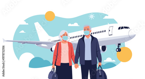 Elderly couple wearing protective face masks while traveling with luggage at the airport with a commercial airplane in background.
