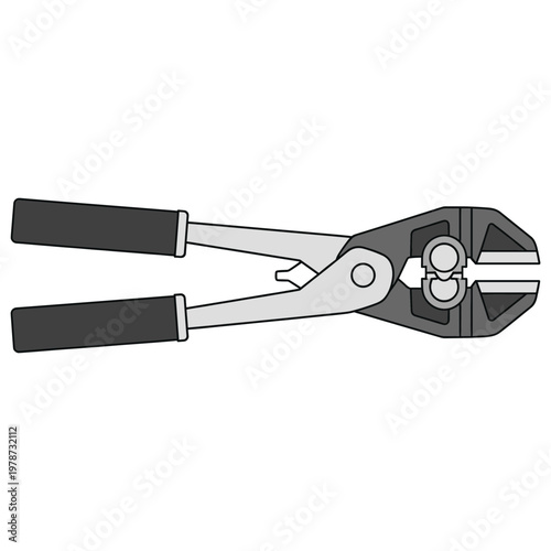A detailed illustration of bolt cutters with black handles and metal jaws.