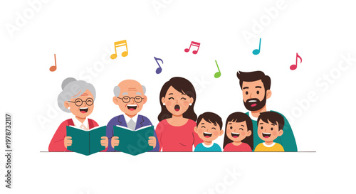 Happy multigenerational family singing together from songbooks representing a joyful musical choir performance at home.