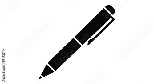 A striking black silhouette of a modern ballpoint pen angled diagonally against a white background silhouette high quality