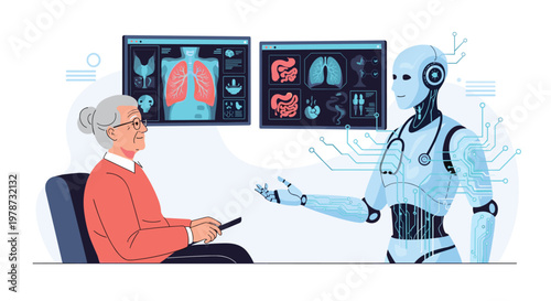 Elderly female patient consulting with an advanced medical robot in a high-tech hospital room featuring diagnostic screens.
