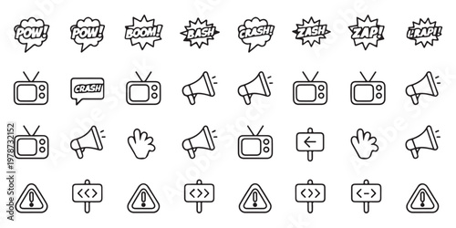 Comic Style Action Word and Media Icon Collection in Line Art