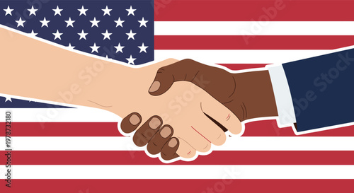 Diverse handshake between two individuals of different races set against the background of the United States flag.