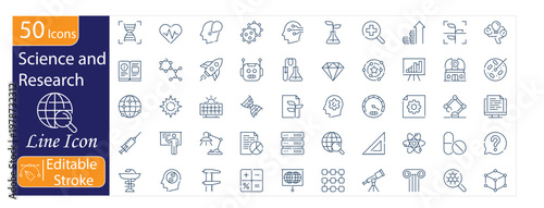 Science and Research Icons Set, Laboratory, Experimentation, Microscope, Data Analysis, Scientific Discovery, Innovation, Editable Stroke Vector Illustration.
