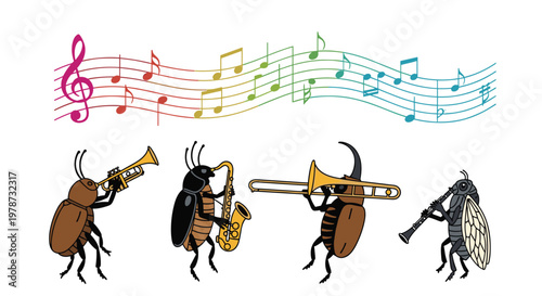 Creative illustration of four different insects playing brass and woodwind instruments with colorful musical notes above.