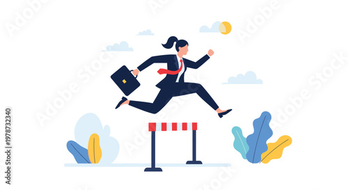 Motivated businesswoman carrying a briefcase and jumping over a hurdle representing overcoming career challenges and obstacles.