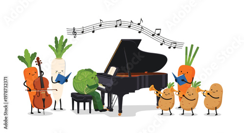 Whimsical illustration of various anthropomorphic vegetables including a cabbage playing a piano and a carrot on cello.