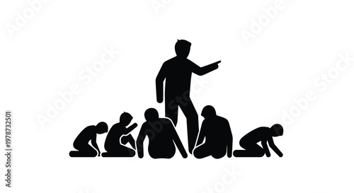 Silhouette illustration depicting a person pointing at a group of crouching figures
