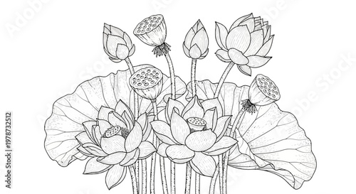 Black and White Line Art Illustration of Blooming Lotus Flowers and Seed Pods