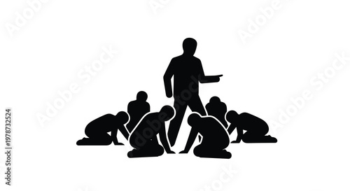 Silhouette of a person pointing at a group of people in distress