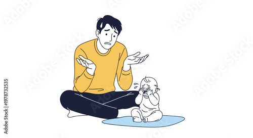 Young father looking stressed and helpless while sitting on the floor next to his crying infant baby at home.