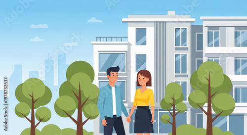 A smiling young woman and her husband stand in the sunny front yard of their new home, enjoying a summer day outdoors near the beautiful garden of their modern real estate building