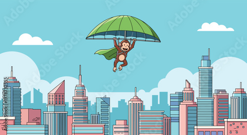 Heroic monkey character wearing a green cape and flying with a paraglider over a modern city skyline with skyscrapers.