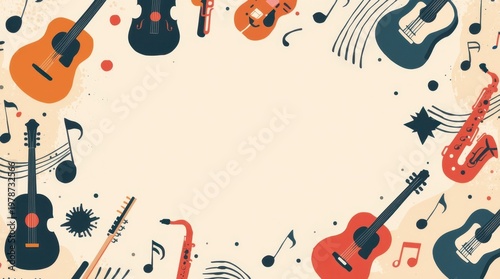 Musical instruments frame illustration with guitars saxophone and notes
