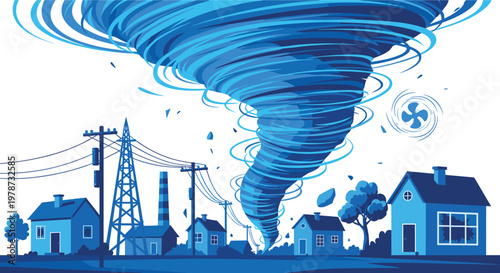 Dramatic illustration of a powerful blue tornado causing destruction to a neighborhood of houses and power lines.