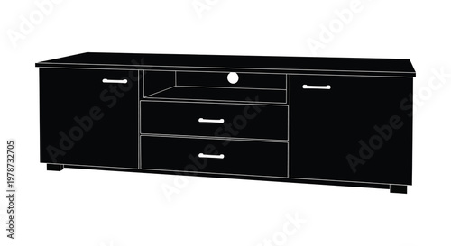A black silhouette of a modern entertainment center with storage compartments and a minimalist design silhouette high quality