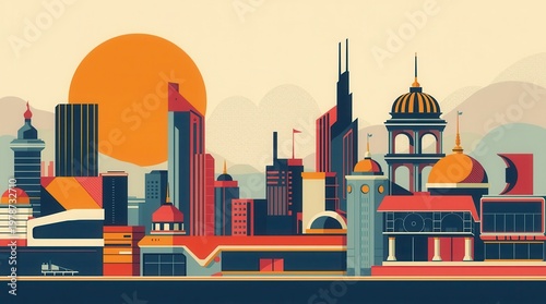 Stylized cityscape with sunset vector illustration for design and print