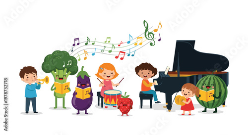Joyful group of children and anthropomorphic produce characters playing musical instruments and singing together.