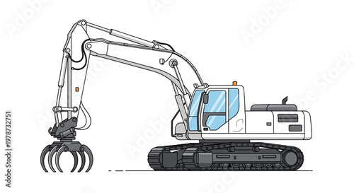Heavy industrial machinery featuring a white excavator equipped with a powerful grapple attachment for material handling.