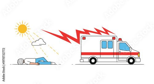 Emergency scene depicting an ambulance arriving for a person lying on the ground suffering from heatstroke under a hot sun.