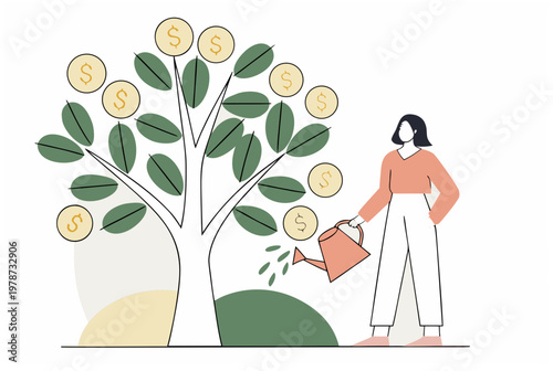Woman watering money tree, concept of investment, financial growth, savings. Womens financial independence. Vector illustration for banner, website