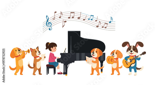 Little girl playing a grand piano while surrounded by cute cartoon dogs performing on different musical instruments.