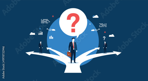 Businessman standing at a crossroads of three arrows with a large question mark bubble contemplating his career choice.