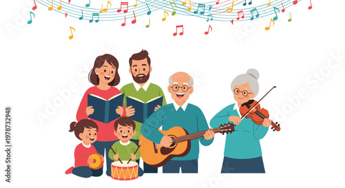 Multigenerational family gathering to play music together with various instruments including guitar, violin, and drums.