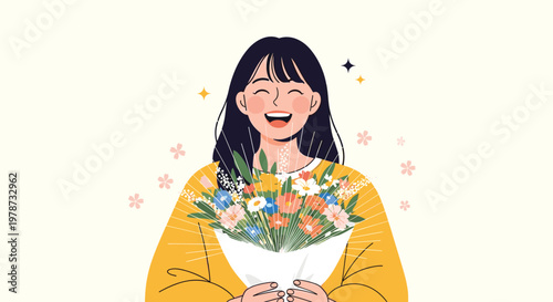 Beautiful smiling woman holding a large and vibrant bouquet of various spring flowers with a glowing background.