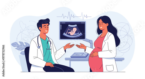 Male obstetrician in a white coat showing an ultrasound scan of a baby to a pregnant woman in a medical office.