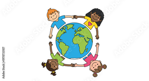Group of diverse children from different ethnic backgrounds holding hands around a globe representing world peace and unity.