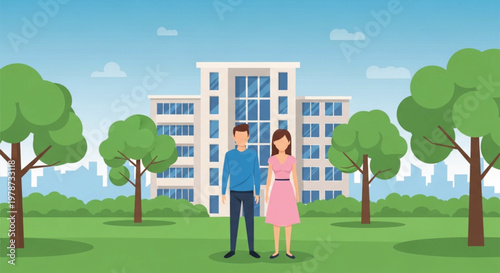 A happy family and business people enjoy a sunny summer day walking past urban buildings and trees in a flat vector illustrationA happy family and business people enjoy a sunny summer day walking past