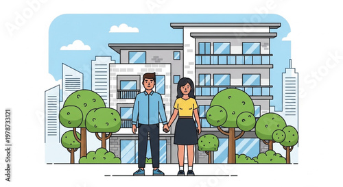 A happy cartoon family with a father, mother, son, and children travels together past a city building and school under a blue sky in this vector illustration drawing