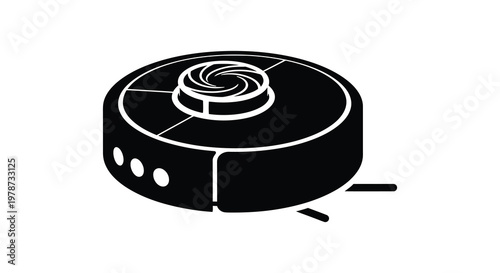 A minimalist black silhouette depicts a circular robotic vacuum cleaner with a spiral design a modern home appliance silhouette