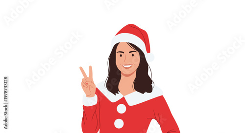 Young woman dressed in a festive red and white Santa Claus costume making a friendly peace sign with her hand.