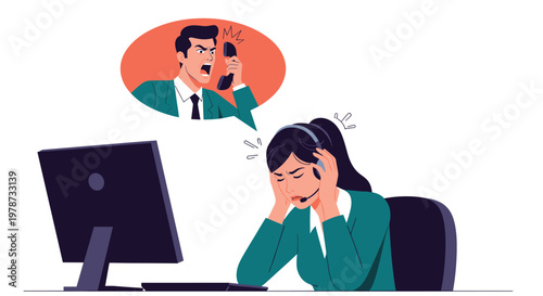 Stressed female call center employee struggling with a difficult customer shouting at her through the phone line.