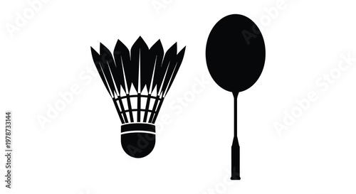 A striking black graphic depicts a badminton shuttlecock and racket showcasing a minimalist silhouette high quality professional detailed