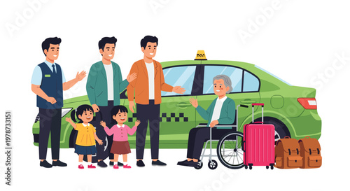 Helpful taxi driver and family members assisting an elderly man in a wheelchair with his luggage near a green car.
