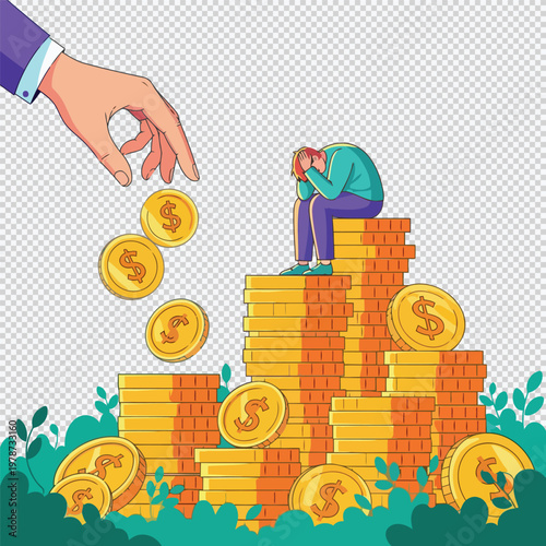 Person sitting on coins with hand dropping more coins finance wealth sadness