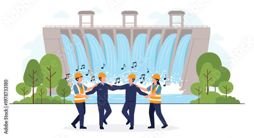 Group of construction workers in safety gear celebrating or dancing in front of a massive overflowing hydroelectric dam.