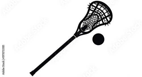 A detailed black silhouette of a lacrosse stick and ball showcasing sports equipment detail silhouette high quality professional